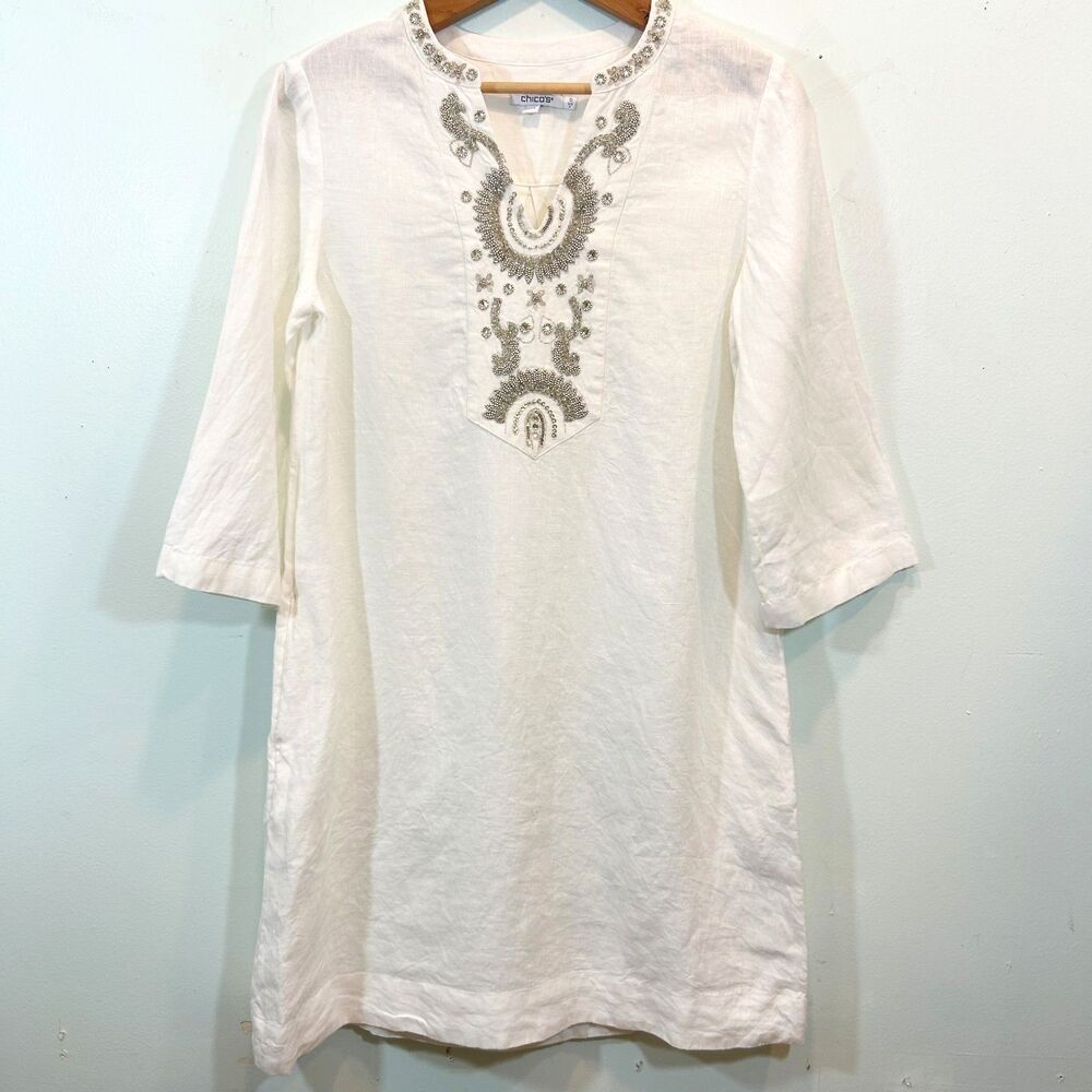 Chico's White 100% Linen Silver Beaded Dress Cover Up Size 0/4 Bohemian Vacation